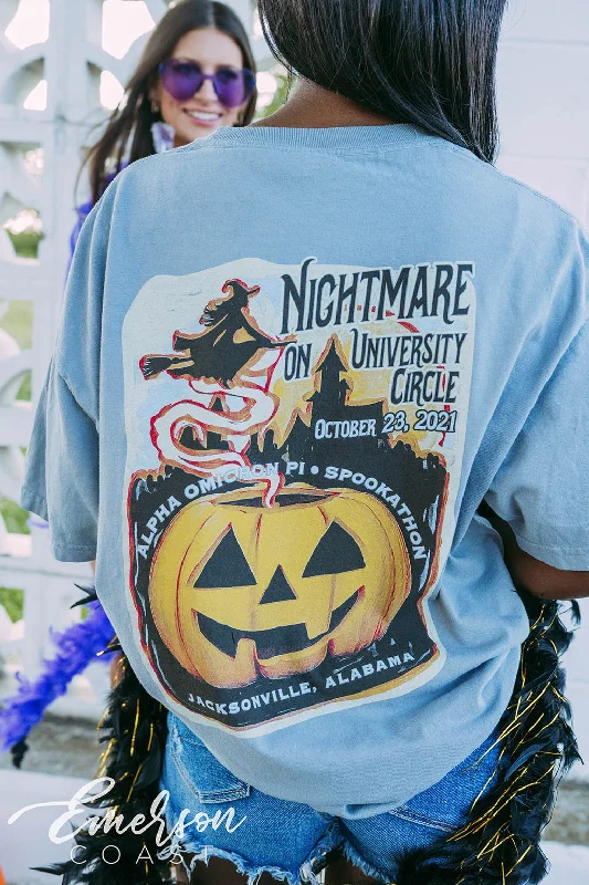 Organic Cotton Women T Shirt for Eco - Conscious WearersAlpha Omicron Pi Nightmare on University Circle Tee