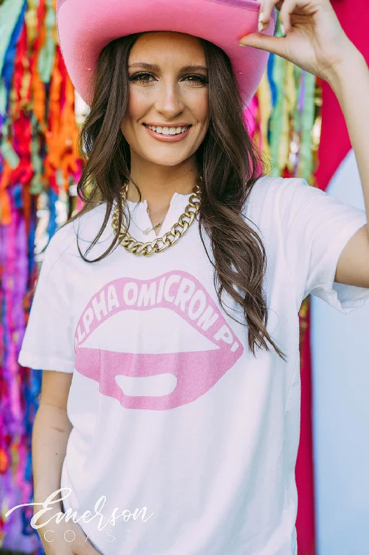 Embroidered Women T Shirt with Intricate DetailsAlpha Omicron Pi PR Lips Notch Tee