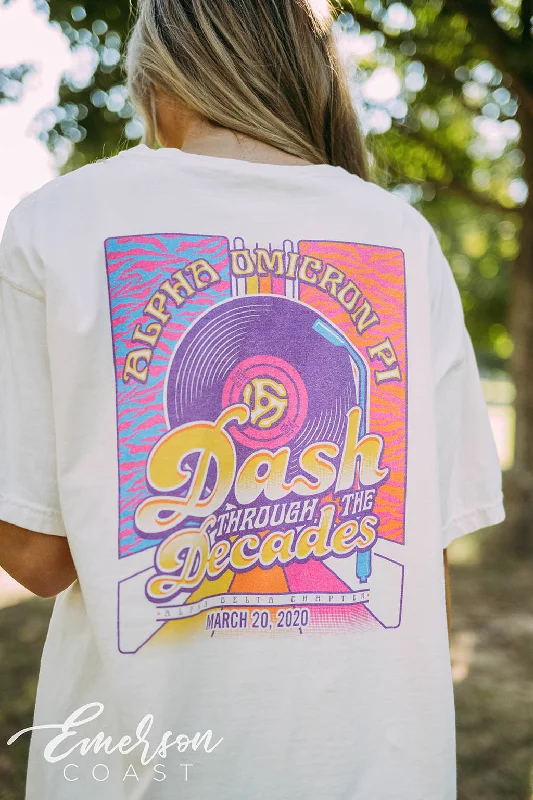 V - Neck Women T Shirt to Enhance the NecklineAlpha Omicron Pi Social Dash Through The Decades Tee