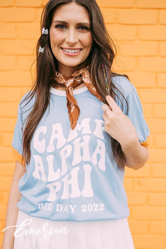 Graphic Print Women T Shirt for a Trendy StatementAlpha Phi Camp Bid Day Colorblock Ringer Tee