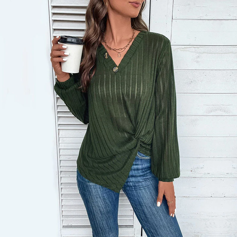 Long - Sleeve Women Sweater with Ribbed CuffsAsymmetric Button Detail V Neck Twist Front Long Sleeve Sheer Ribbed Knit Sweater