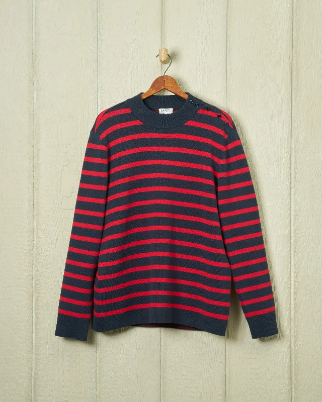 Hand - Knitted Women Sweater with Artisanal CharmBateau Sweater in Navy/Red Stripe