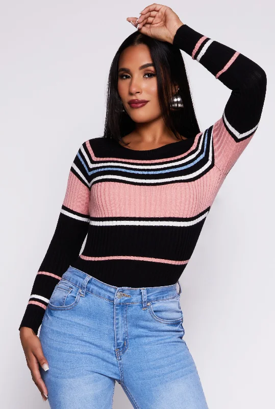 Color - Blocked Women Sweater for a Bold Fashion StatementRibbed Knit Striped Sweater