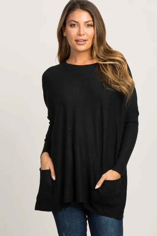 Cashmere Women Sweater with a Luxurious Soft TouchBlack Pocketed Dolman Sleeve Top