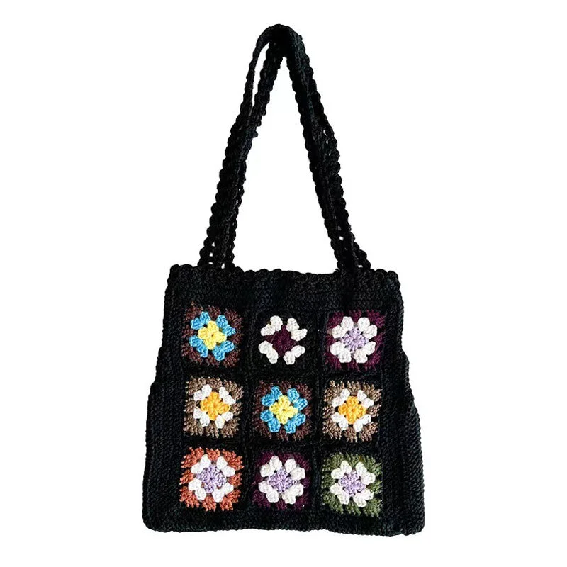 Hand - Knitted Women Sweater with Artisanal CharmBohemian Floral Granny Square Handmade Crochet Knit Shoulder Bag