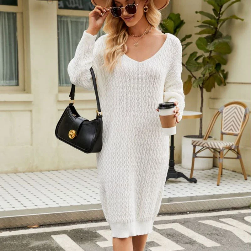 Long - Sleeve Women Sweater with Ribbed CuffsCasual Deep V Neck Long Sleeve Cable Knit Winter Sweater Midi Dress