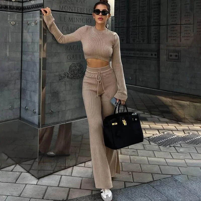 Open - Front Women Sweater for Easy LayeringCasual Rib Knit Long Sleeve Cropped Sweater and Split Knit Pants Matching Set