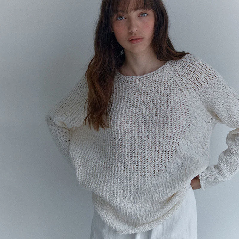 Cropped Women Sweater to Pair with High - Waisted BottomsCasual Round Neck Long Sleeve Cotton Blend Open Knit Textured Oversized Sweater