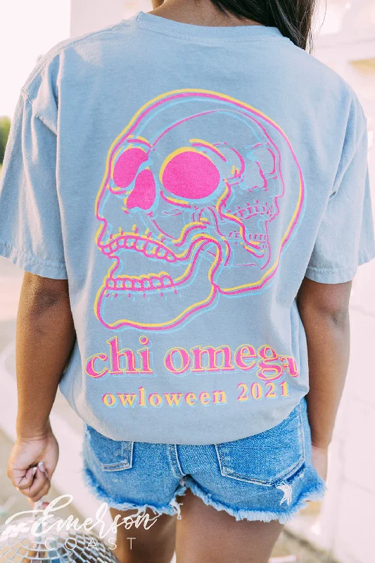 Graphic Print Women T Shirt for a Trendy StatementChi Omega Owloween Colorful Skull Tee