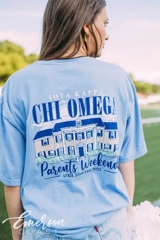 Crew Neck Women T Shirt with a Timeless DesignChi Omega Parents Weekend Chapter House Tee