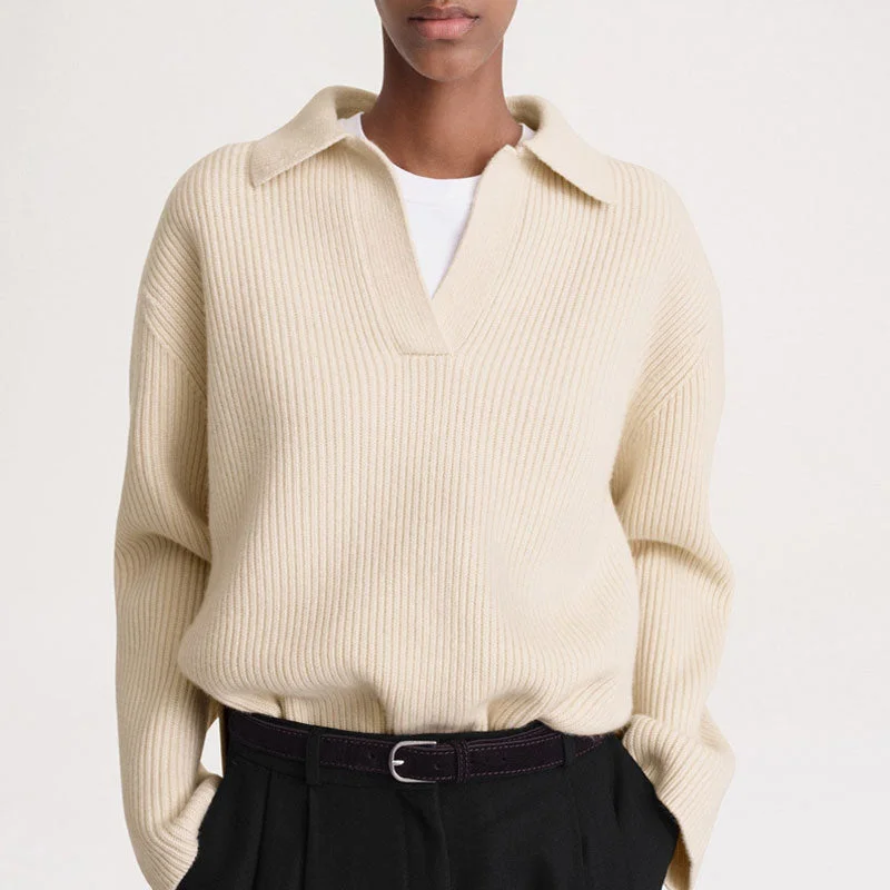 Cropped Women Sweater to Pair with High - Waisted BottomsCollege Style Collared V Neck Long Sleeve Ribbed Knit Oversized Cashmere Sweater