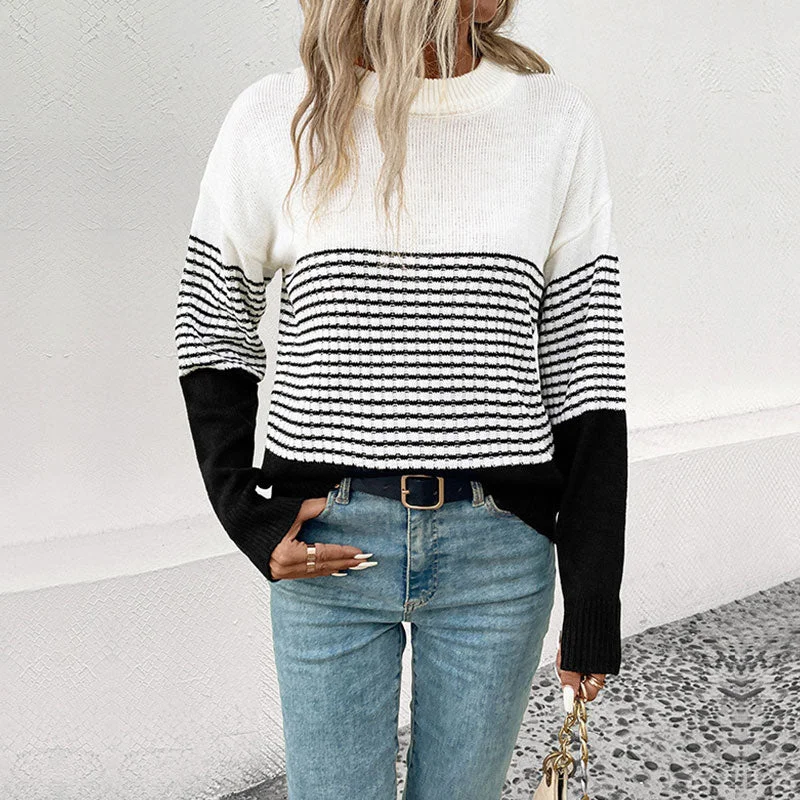 Cropped Women Sweater to Pair with High - Waisted BottomsComfy Round Neck Drop Shoulder Long Sleeve Black and White Striped Sweater