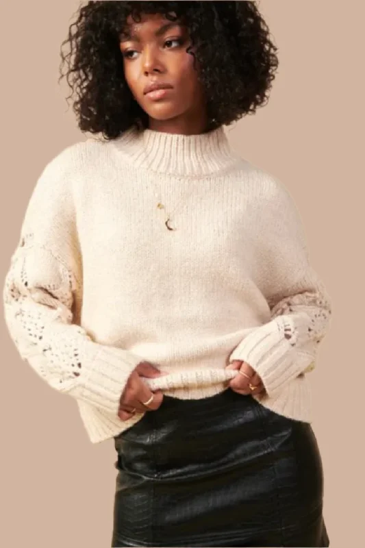 Long - Sleeve Women Sweater with Ribbed CuffsCrochet Sleeve Sweater - beige