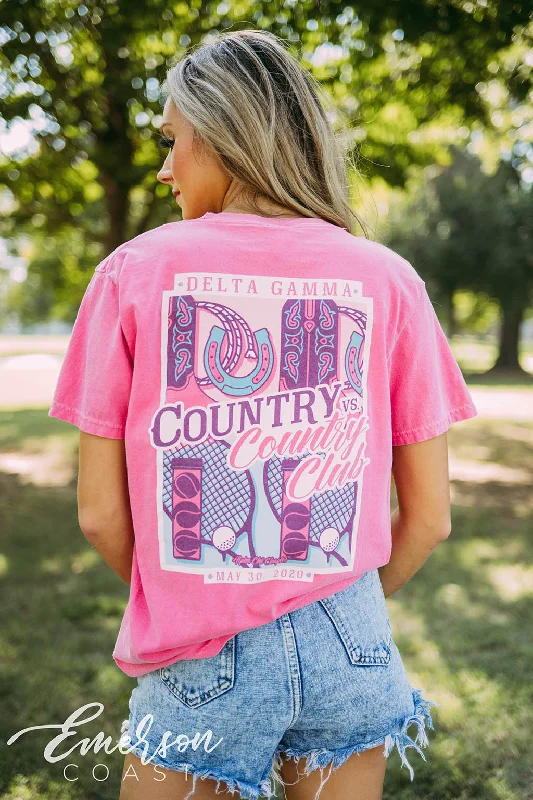 Tie - Dye Women T Shirt with a Bohemian VibeDelta Gamma Social Country vs Country Club Tee