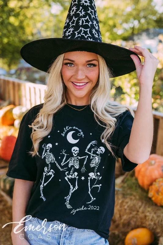 Tie - Dye Women T Shirt with a Bohemian VibeDelta Omega Halloween Hayride Dancing Skeletons Tee