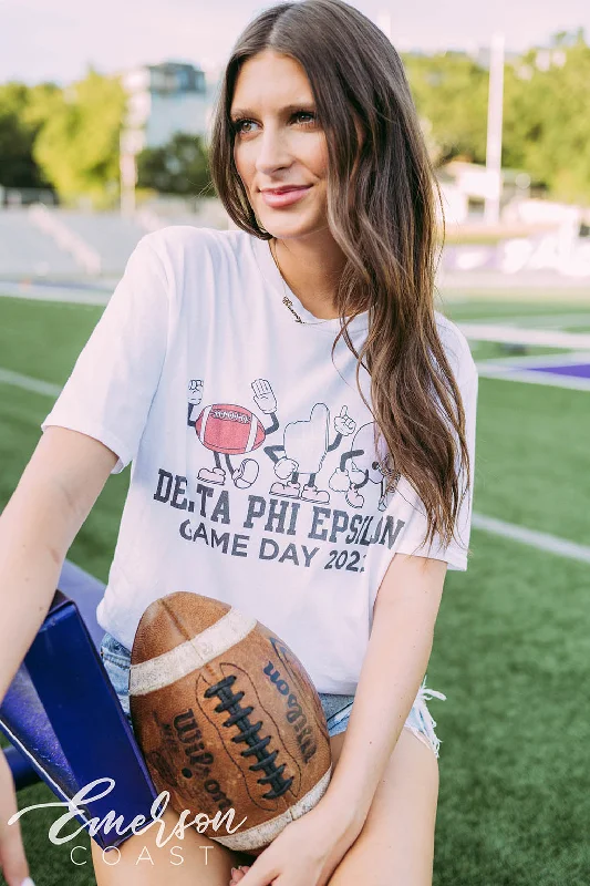 Embroidered Women T Shirt with Intricate DetailsDelta Phi Epsilon Game Day Football Cartoon Characters Tee