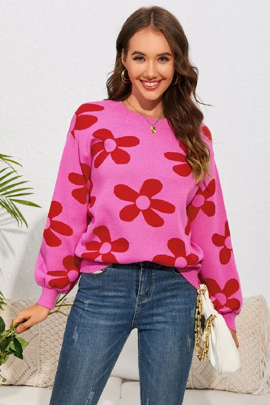 Chunky Knit Women Sweater for Winter WarmthFloral Print Round Neck Dropped Shoulder Sweater