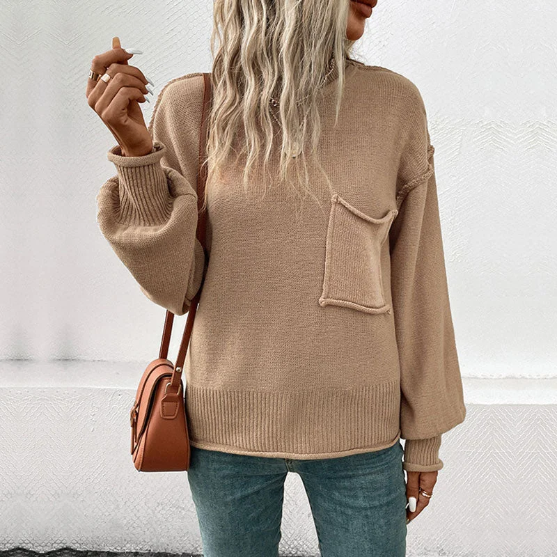 Hooded Women Sweater for Added Comfort and StyleGrunge Reverse Seam Pocket Round Neck Drop Shoulder Long Sleeve Sweater