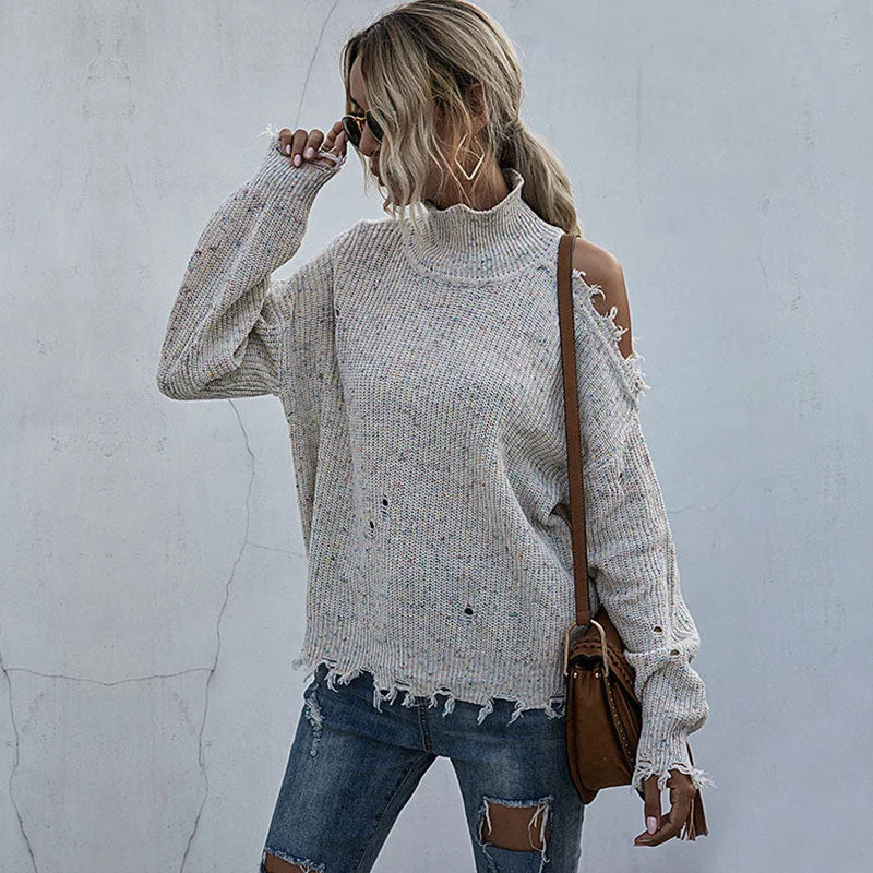 Chunky Knit Women Sweater for Winter WarmthGrunge Ripped Cutout Shoulder High Neck Marled Knit Oversized Sweater