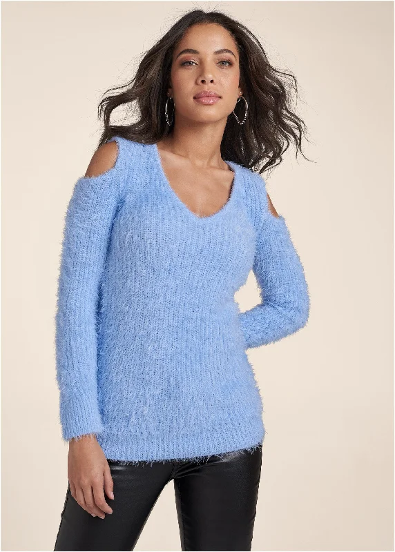 V - Neck Women Sweater to Elongate the NecklineCutout Eyelash Sweater - Light Blue