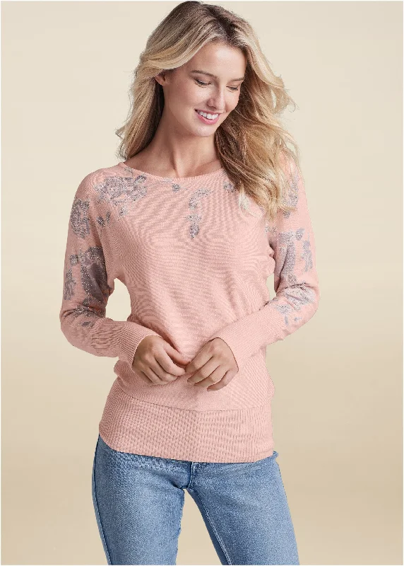 Open - Front Women Sweater for Easy LayeringFloral Detail Sweater - Pink