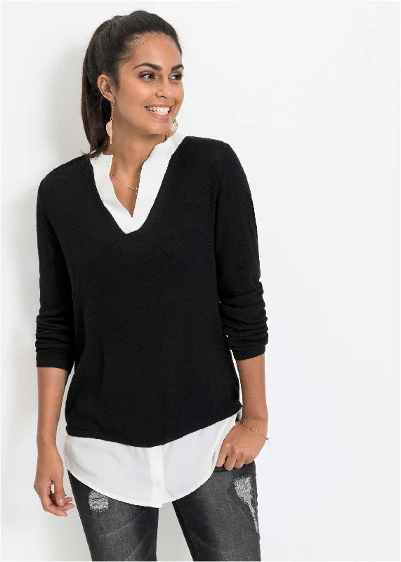 Mock - Neck Women Sweater for a Modern TwistLayered Look Sweater - Black