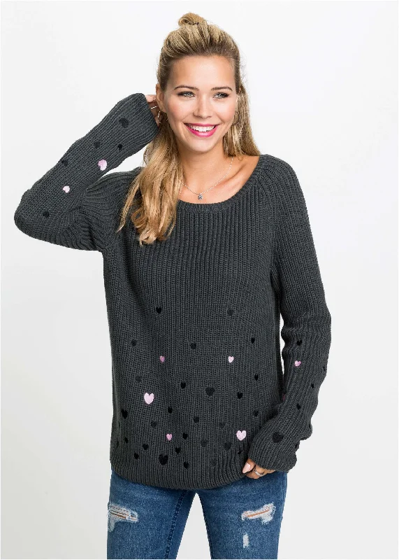 Mock - Neck Women Sweater for a Modern TwistHeart Embroidered Sweater - Dark Grey