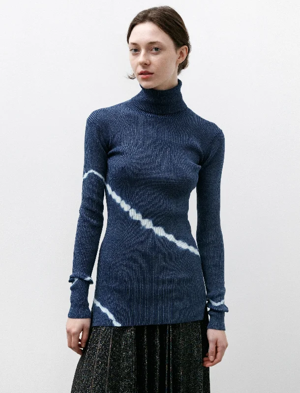 Hooded Women Sweater for Added Comfort and StyleShibori Ribbed Knit Turtleneck Indigo