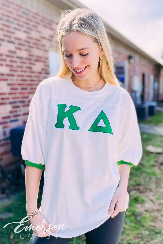 Tie - Dye Women T Shirt with a Bohemian VibeKappa Delta Green and White Letter Jersey