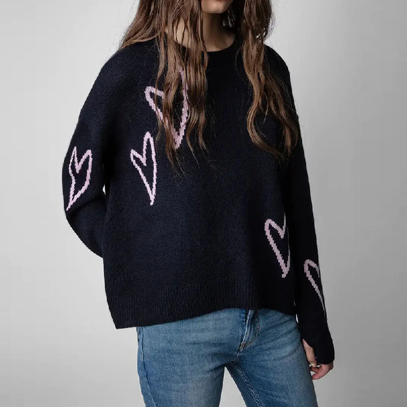 Hooded Women Sweater for Added Comfort and StyleLeisure Heart Motif Drop Shoulder Long Sleeve Oversized Knit Cashmere Sweater