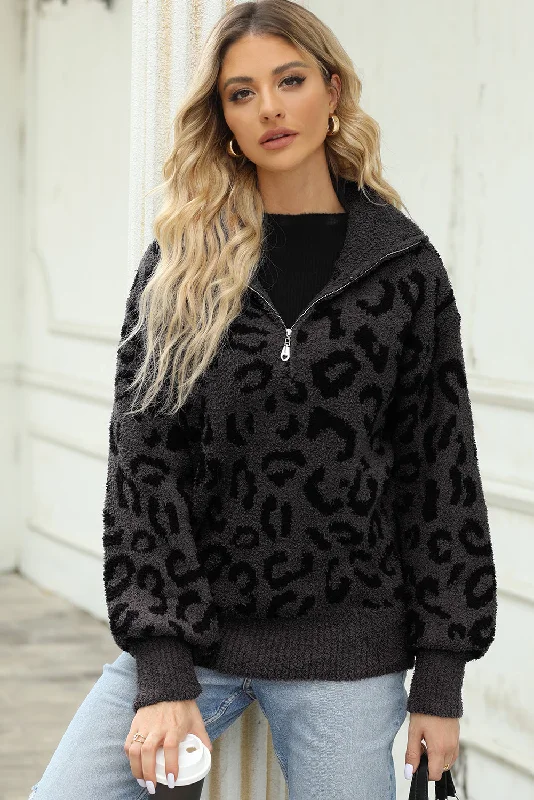 Sequin - Embellished Women Sweater for Special OccasionsLeopard Half-Zip Sweater