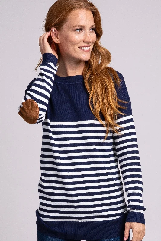 Button - Down Women Sweater for a Versatile LookNavy Blue Striped Elbow Patch Knit Sweater