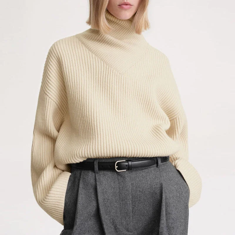 Hooded Women Sweater for Added Comfort and StyleNordic Wrap Neck Drop Shoulder Chunky Ribbed Knit Oversized Wool Sweater