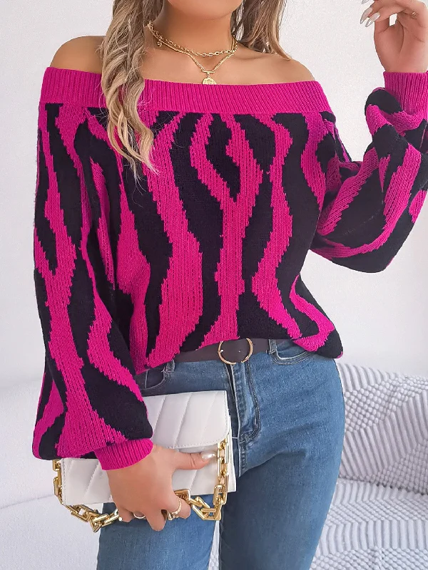 Cashmere Women Sweater with a Luxurious Soft TouchOff-Shoulder Animal Print Long Sleeve Sweater