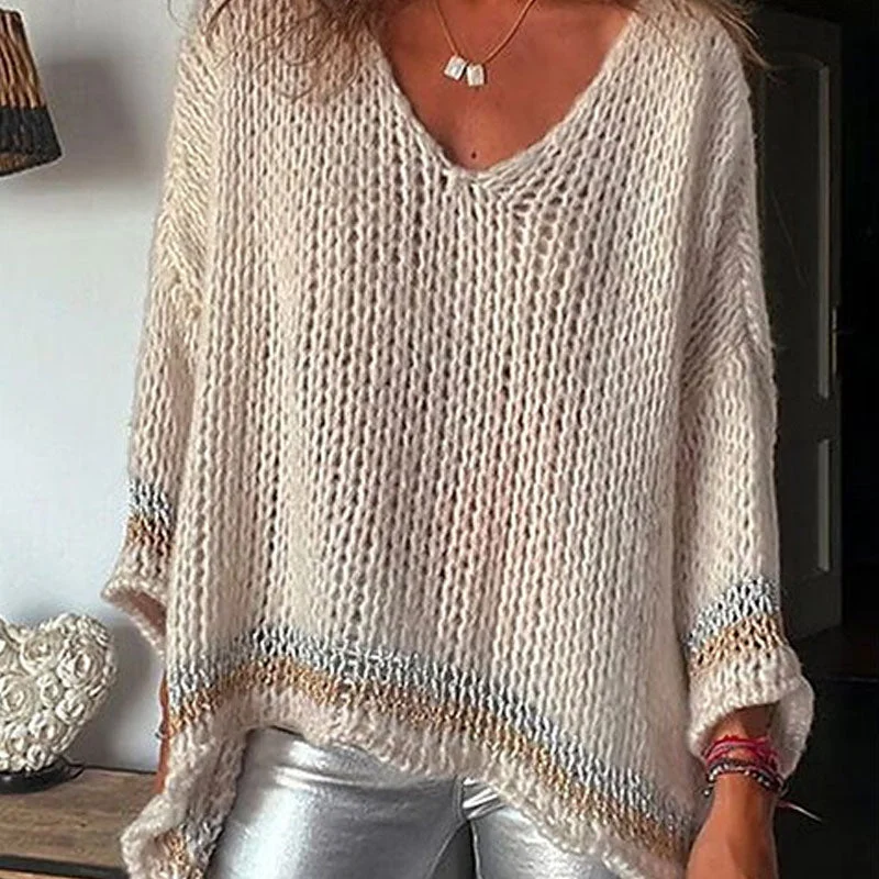 Long - Sleeve Women Sweater with Ribbed CuffsOversized Striped Print V Neck Drop Shoulder Long Sleeve Loose Knit High Low Sweater