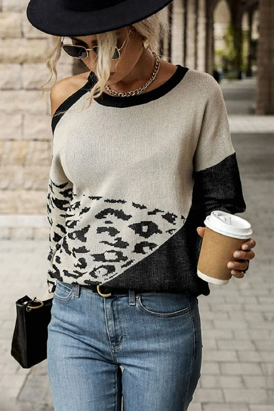 Floral Print Women Sweater for a Feminine AppealPerfee Leopard Color Block Cold-Shoulder Sweater