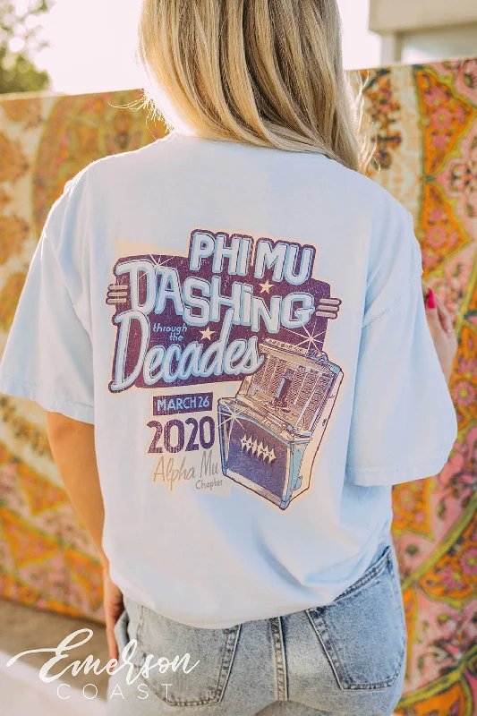 Crew Neck Women T Shirt with a Timeless DesignPhi Mu Function Dashing Through The Decades Tee