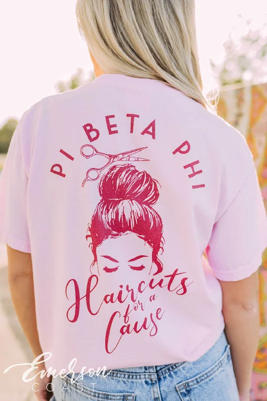 Distressed Women T Shirt with a Laid - Back AestheticPi Beta Phi Philanthropy Haircuts For A Cause Tee