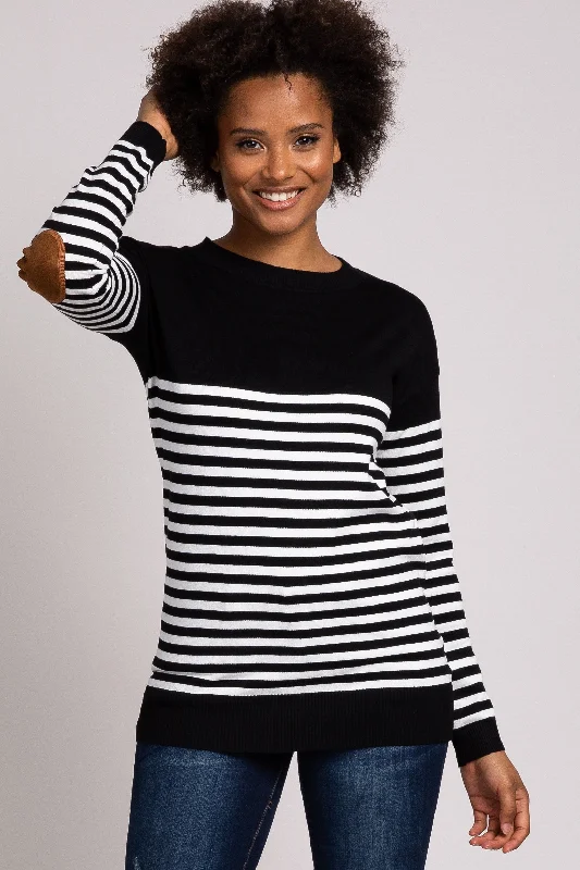 Cropped Women Sweater to Pair with High - Waisted BottomsPinkBlush Black Striped Elbow Patch Knit Sweater