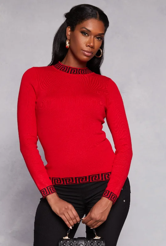 Open - Front Women Sweater for Easy LayeringGreek Key Trim Mock Neck Sweater