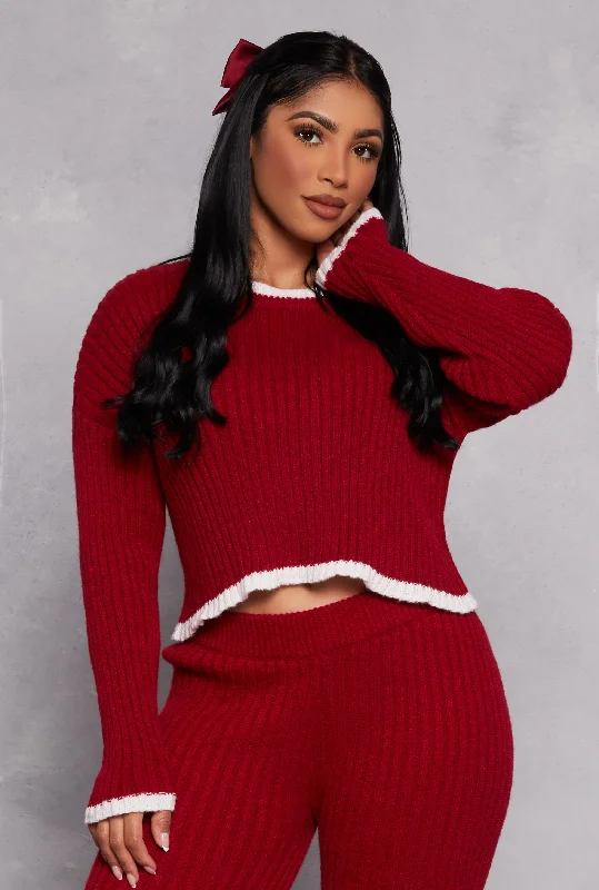 Plus - Size Women Sweater with a Flattering FitRibbed Contrast Trim Long Sleeve Sweater