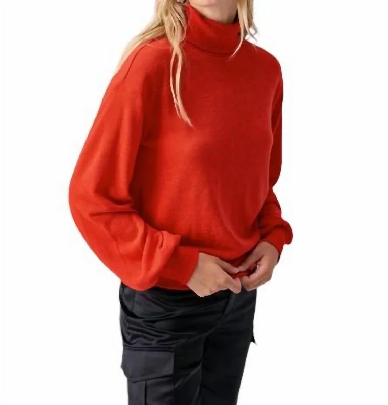 Mock - Neck Women Sweater for a Modern TwistRuched Sleeve Turtleneck Top In Lipstick