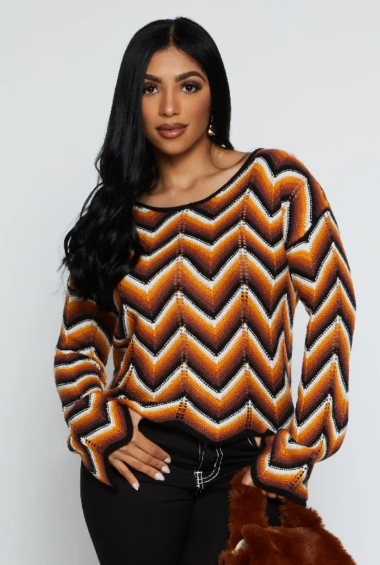 V - Neck Women Sweater to Elongate the NecklineCrochet Chevron Bell Sleeve Sweater