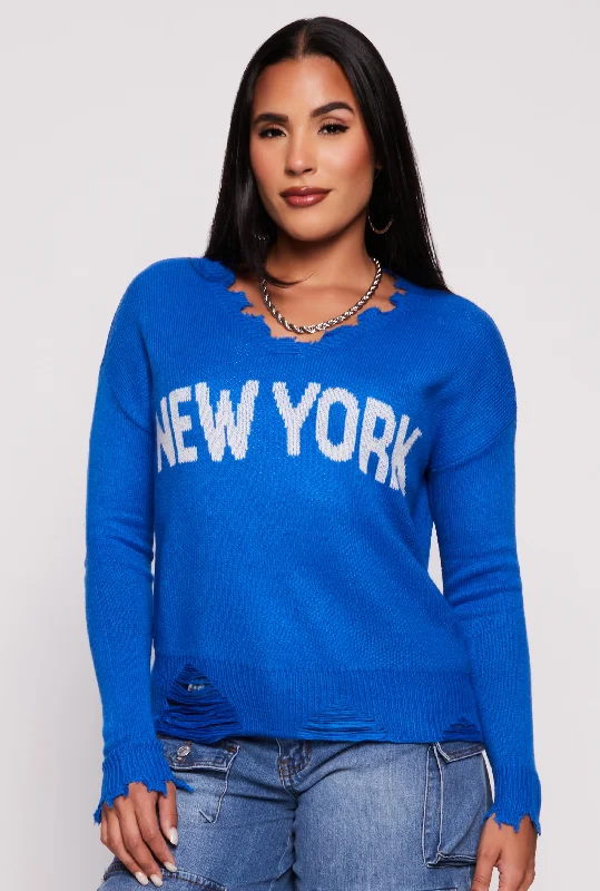 Cashmere Women Sweater with a Luxurious Soft TouchNew York Graphic Distressed V Neck Sweater