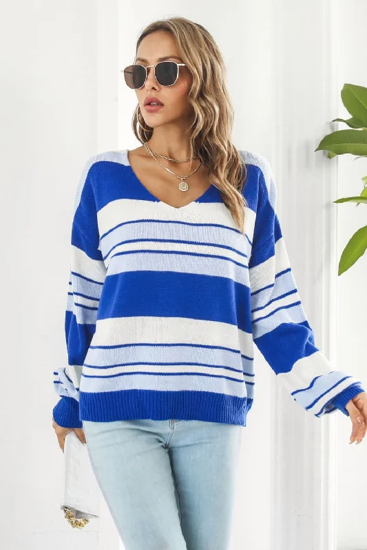 Organic Cotton Women Sweater for an Eco - Friendly ChoiceStriped V-Neck Dropped Shoulder Sweater