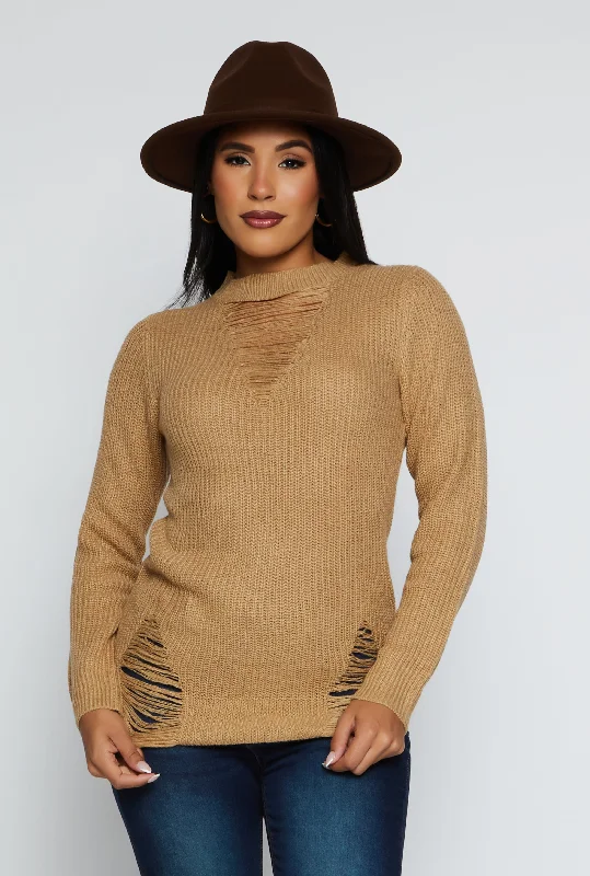 Turtleneck Women Sweater for a Classic and Elegant StyleDistressed Crew Neck Sweater