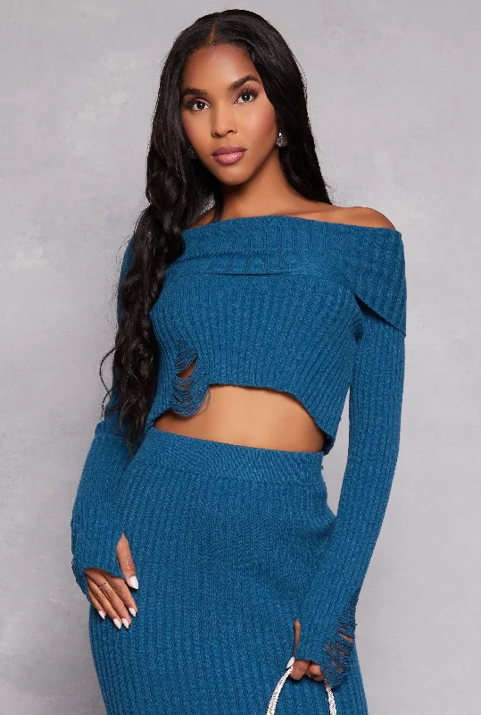 Open - Front Women Sweater for Easy LayeringDistressed Ribbed Knit Off the Shoulder Sweater