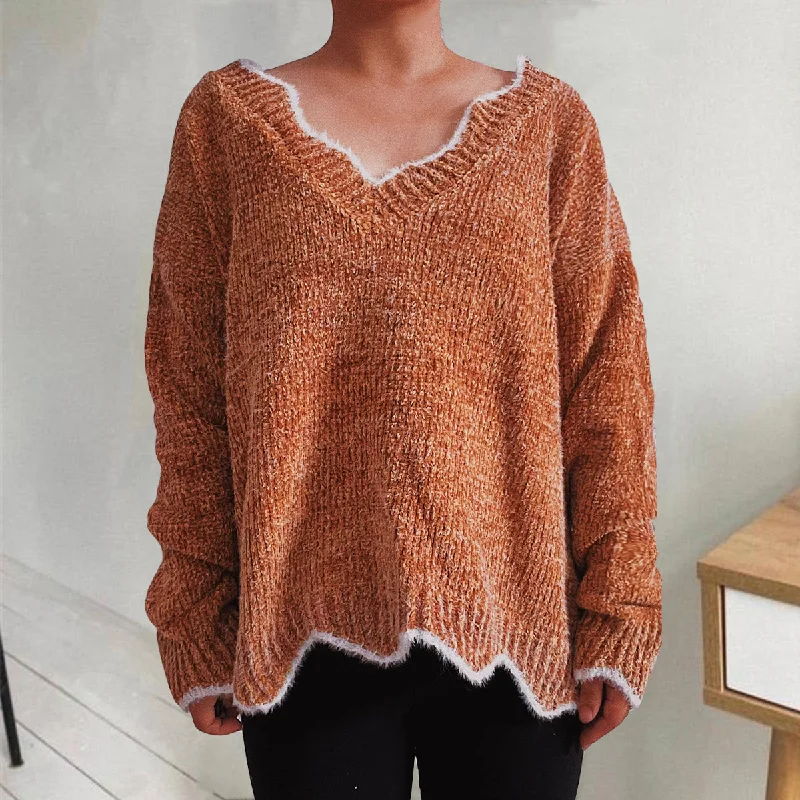 Chunky Knit Women Sweater for Winter WarmthV-Neck Drop Shoulder Long Sleeve Sweater