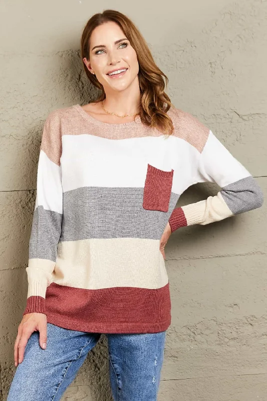 Open - Front Women Sweater for Easy LayeringWoven Right Color Block Drop Shoulder Round Neck Sweater