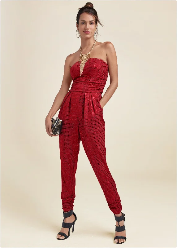 Hand - Knitted Women Sweater with Artisanal CharmRuched Sequin Jumpsuit - Red